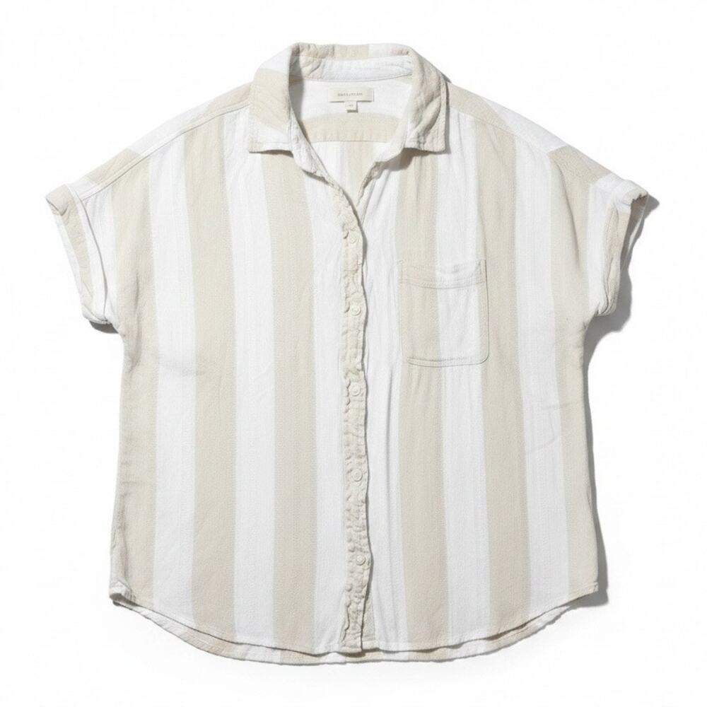 American Eagle Women's Beige & White Vertical Stripe Button Up Short Slv Sz Med